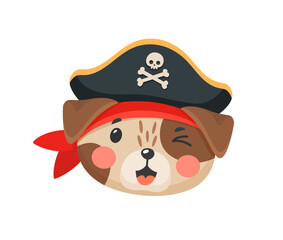 Cartoon puppy dog animal pirate and corsair face. Sailor and captain, skipper and boatswain kawaii pet character. Isolated vector personage with adorable tricorn hat for baby shower card, book or game
