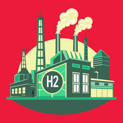 Obraz premium Green Hydrogen H2 Future Energy Power Plant Outline: Silhouette of Industrial Factories and Power Plants AI Generative