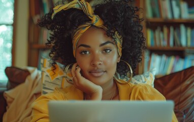 A woman with curly hair is sitting on a couch with a laptop in front of her. She is wearing a yellow scarf and a gold hoop earring. Concept of relaxation and leisure
