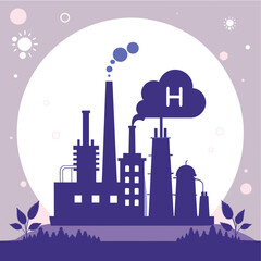 Green Hydrogen H2 Future Energy Power Plant Outline: Silhouette of Industrial Factories and Power Plants AI Generative







