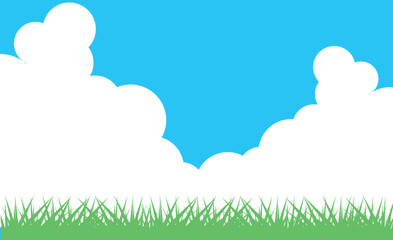 Obraz premium 夏の入道雲と草地の背景イラスト