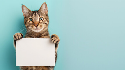 Adorable tabby cat holding a blank sign on a vibrant light blue background, ready for your message,...