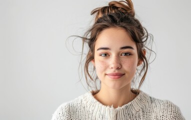 A woman with a messy bun and a white sweater. She is smiling and looking at the camera