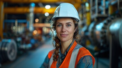 A woman wearing a hard hat and orange vest stands in front of a large industrial building. She has a smile on her face and she is happy