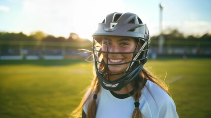 A girl wearing a lacrosse helmet and smiling. Concept of happiness and excitement, as the girl is posing for a picture on a field. The bright sunlight adds to the cheerful atmosphere