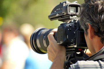 In the image, a man is holding a professional camera and recording an event with people in the background.