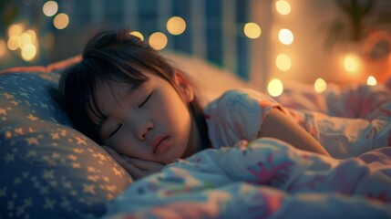Asian kid girl struggling to sleep at night