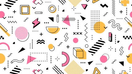 Abstract hipster memphis seamless pattern background with geometric shapes and elements. 80s or 90s style tile with colorful modern figures. Vector wallpaper with surreal, trendy ornamental details