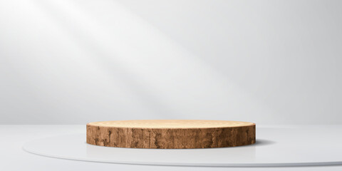 Wooden podium stage. Round wood empty platform realistic 3d vector mockup. Circular stand with polished surface and visible rugged bark texture, illuminated with soft light, casting the shadow on wall