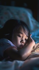 Naklejka premium Asian kid girl struggling to sleep at night