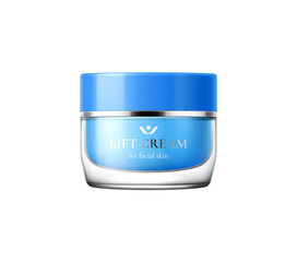 Lift and anti aging cream package, cosmetic product template. Isolated realistic 3d vector mockup of professional skincare beauty cosmetics, facial skin and anti-aging cream in glass jar with blue lid