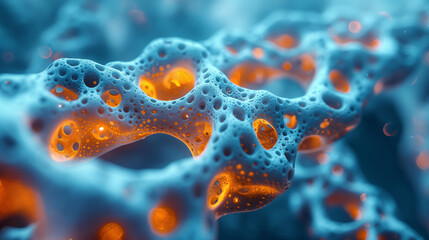 A sci-fi and technological network complex pattern wallpaper with brilliant nodes and orange filament connections, high definition, blue background. 