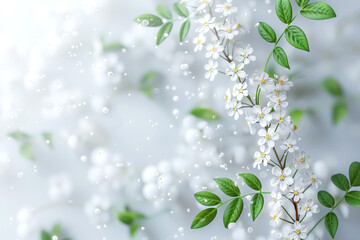 White blooming flowers on a branch with green leaves, signifying spring and nature's beauty.