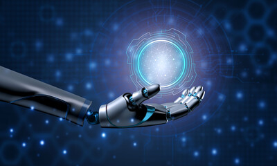 Hand holding arm circle round element technology robot futurist cyborg science future intelligence artificial ai copy space innovation machine digital human connection electronic engineering industry 