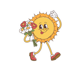 Cartoon groovy retro funny sun character with funky face and daisy flowers, vector 70s hippie art. Comic groovy funny sun happy shining with smile and bunch of flowers, cartoon funky emoji or emoticon