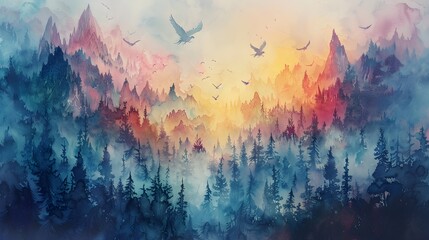 Fototapeta premium Majestic Fantasy Realm with Soaring Birds of Prey Over Vibrant Mystical Forest