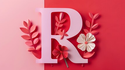 Obraz premium Alphabet flower concept with paper cut R letters isolated on red and pink background