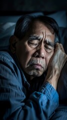 Obraz premium Asian old man struggling to sleep at night