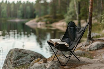 Black Folding Camp Chair Near Lake With Book in the Forest