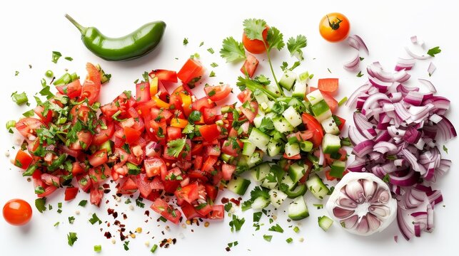 Fresh salsa ingredients finely chopped and mixed, top view on an isolated white background, with perfect studio lighting