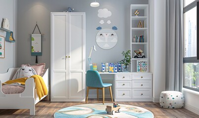 Brightly lit children's room featuring a white cabinet, blue chair, desk with books, wooden floor, light gray walls, colorful decor, and a white wardrobe
