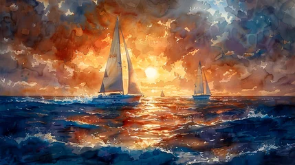 Sailboats on the sea in watercolor style