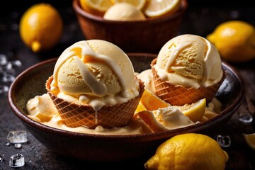 Lemon ice cream in cone on table, frozen dessert treat