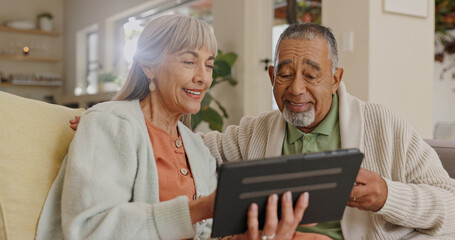 Senior couple, home and tablet for internet research with retirement and streaming movie. Interracial marriage, old man and woman with digital tech in kitchen for video call app and virtual chat