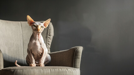 Portrait of a sphynx cat standing on a sofa, Adorable domestic pet concept.