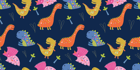 Seamless pattern with several types of dinosaurs on a dark background. Cute dinosaurs with a Dinosaur Day theme. It can be used for wrapping paper, gift wrapping, textiles, etc.