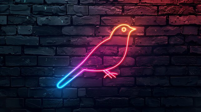 Bird drinker icon with glowing neon colorful lighting on black brick wall
