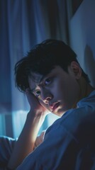Asian young man struggling to sleep at night