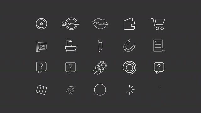 Morphing animation library. Transforming animated white line icons. Loading circles, business target. Complete marks. Isolated illustrations on dark background. Transition alpha. HD video. Icon pack
