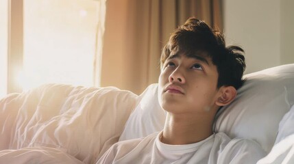 Asian young man waking up in the morning