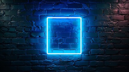 Blue abstract neon square shape with glowing neon colorful lighting on black brick wall