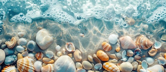Plakat Engaging and Natural Title: Top View of Creative Background with Smooth Pebbles, Shells, and Waves Under Transparent Water