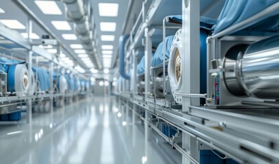 Obraz premium A professional dry cleaning room with washing machines. Dry-cleaning service. Clean cloth chemical process. Laundry industrial dry-cleaning.