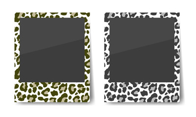 Two vintage photo frames with animal skin print on border isolated on white background. Realistic retro frame collection with shadow. Your best moment concept. Vector illustration.