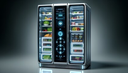 スマート機能とLED照明を備えた、透明ドア付きの2050年日本の未来型の冷蔵庫｜Generative AI