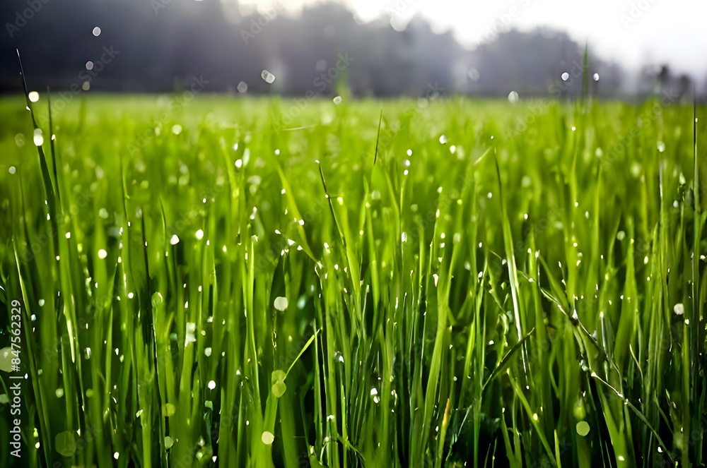 Wall mural a hyper-realistic macro photograph captures a dew in on natural grass in the morning, illuminated by