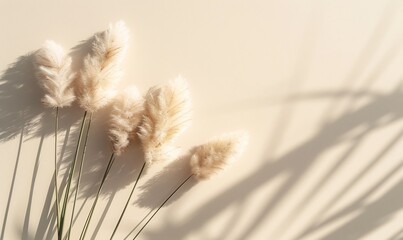 a simple yet elegant top view of rabbit tail grass on a tan white background, featuring warm sunlight shadows for a serene aesthetic. Include copy space.
