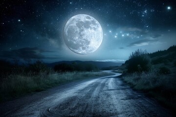 Fantasy Fairy Tale Full Moon Illuminates the Night Road, Shining Moonlight, Road to Huge Moon,