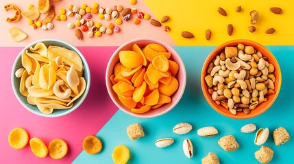 Bowls of snacks isolated on colorful background