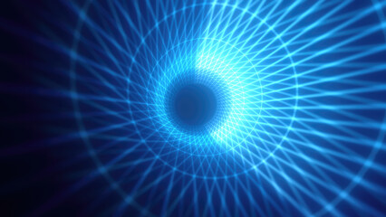 Abstract bright blue glowing background with a tunnel of lines and stripes of energy of burning rays of plasma and electricity with light
