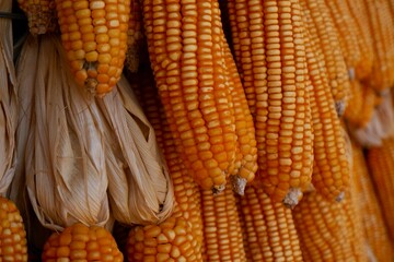 Beautiful dried corn background, had been hung on the wall after harvest
