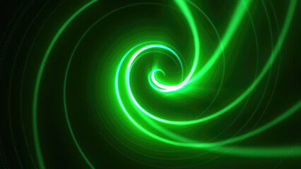 Abstract bright glowing green background tunnel with flying lines of energy particles and light rays