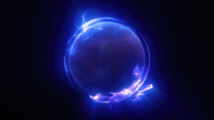 Abstract purple bright glowing background with a sphere core atom energy burning ball circle made of waves of energy rays and plasma with light