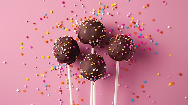 Cake Pops in chocolate with colorful sprinkles isolated on colorful background