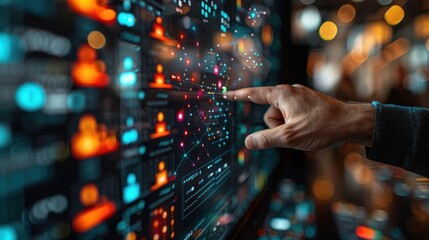 Person Interacting with Futuristic Digital Interface Displaying Data Visualizations and Analytics in a Modern High-Tech Environment