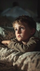 Caucasian kid boy struggling to sleep at night